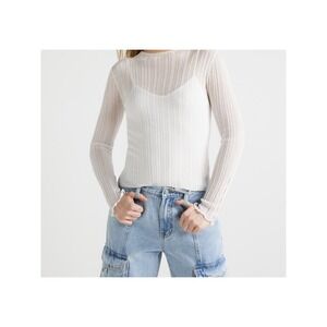 Scoop Womens Sweater Size M Bright White Sheer Pullover Long Sleeve Lightweight